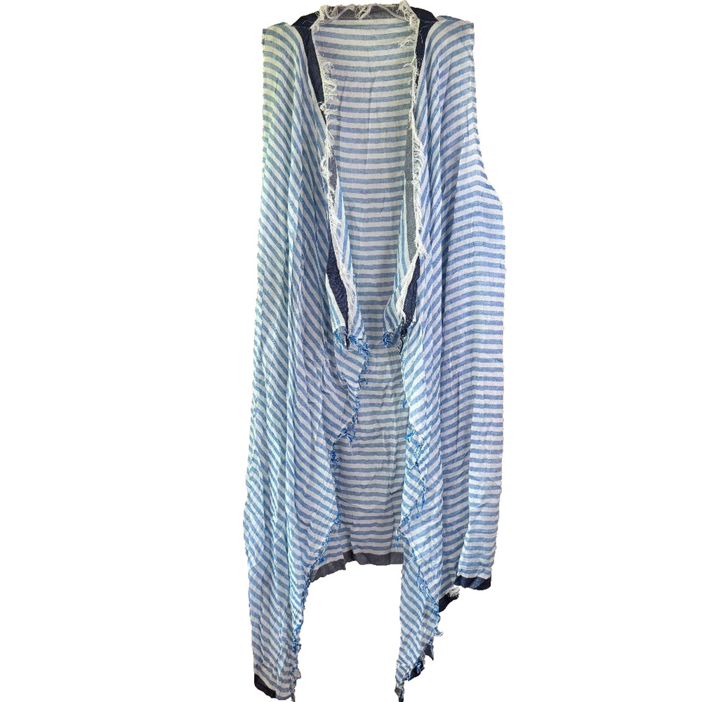Randi & Will Long Open Cardigan Blue & White Stripe Women's‎ One Size Sleeveless